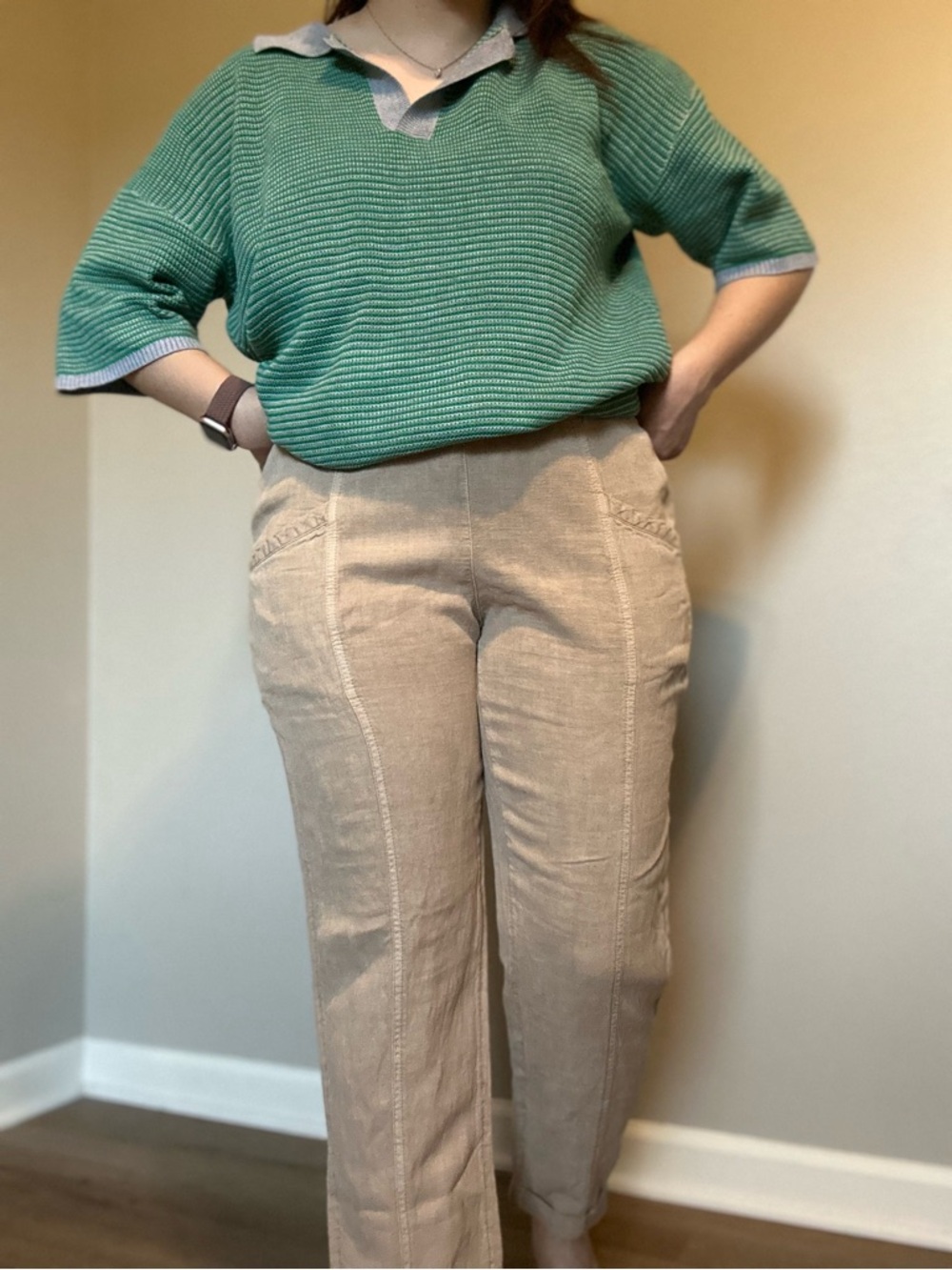 C&C California Tan Linen Blend Minimalist Straight Leg Pants with Pockets Size L